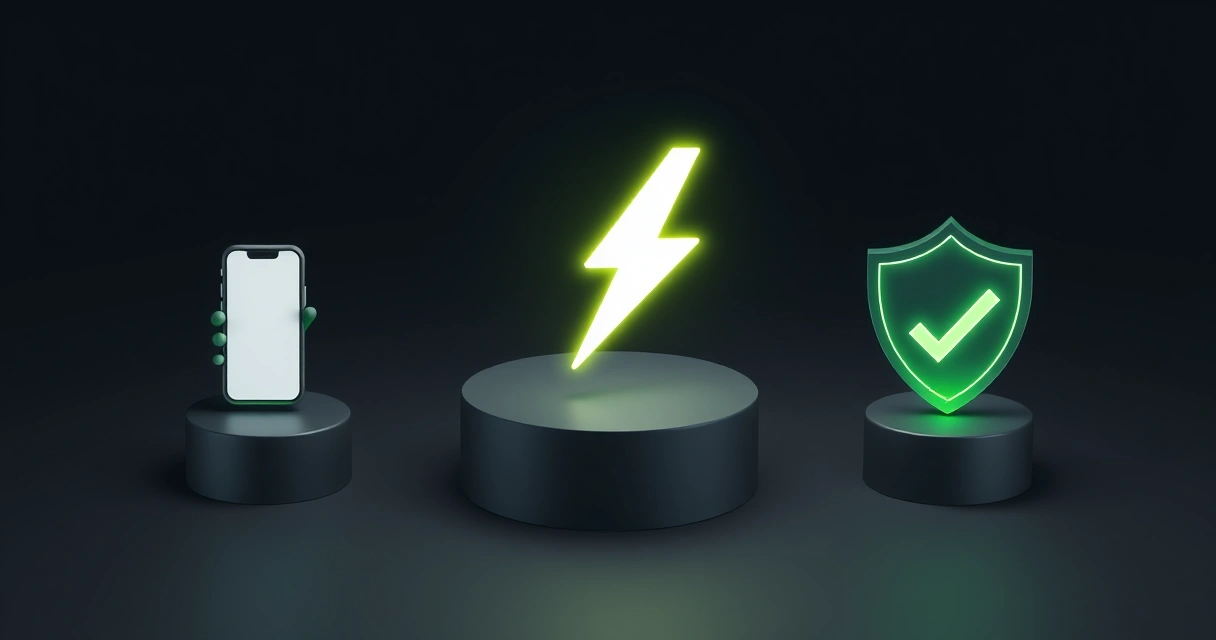 Três pódios em sequência com celular, raio de pagamento instantâneo e escudo com visto, ilustrando o passo a passo para criar um número virtual