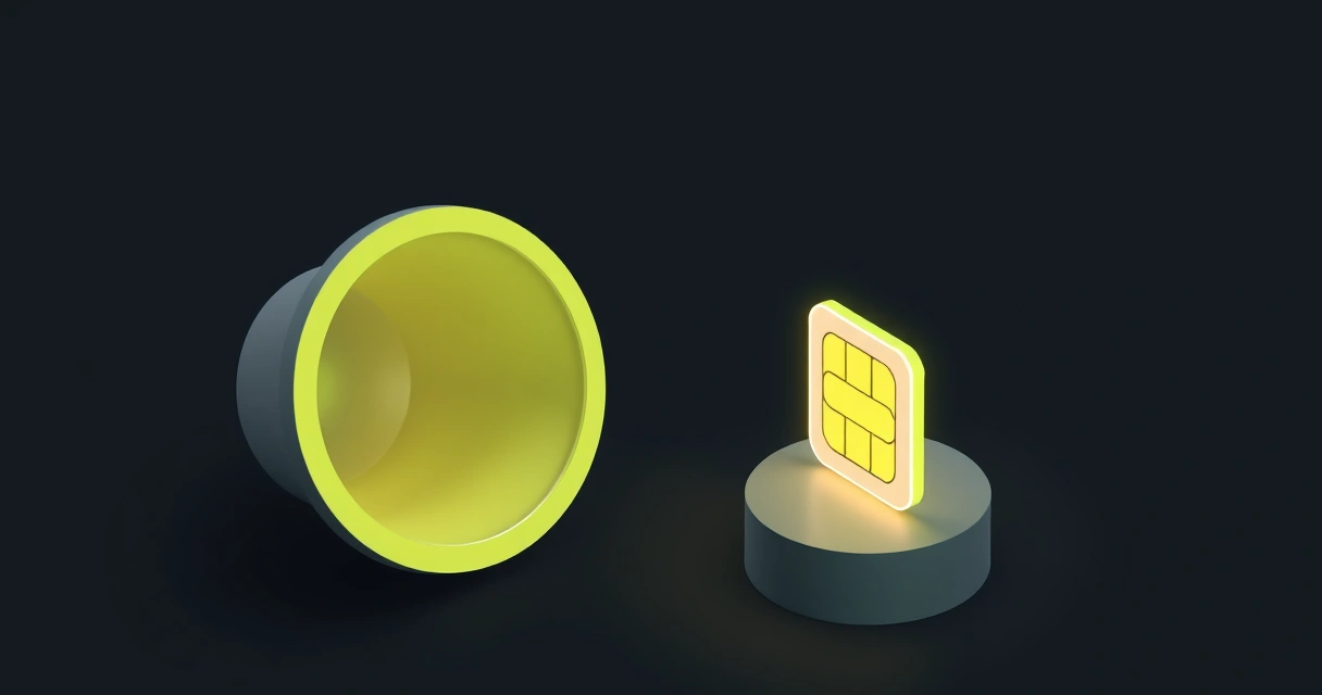 Funil vazio sem produzir nada ao lado de um chip SIM real iluminado, ilustrando que gerador de número virtual não existe
