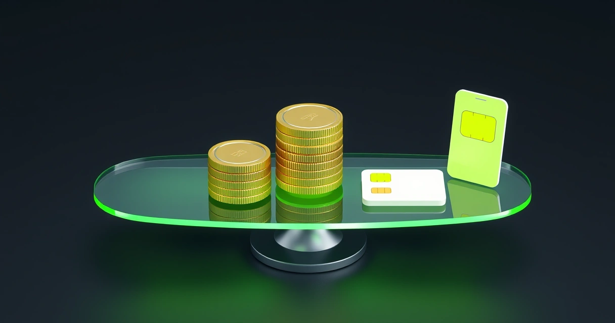 Balança de vidro pesando moedas de um lado e chips SIM do outro, representando o custo de um número virtual para WhatsApp